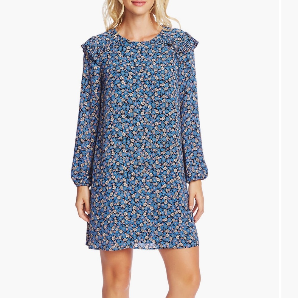 Cece ruffle neck tunic dress blue floral print size large L